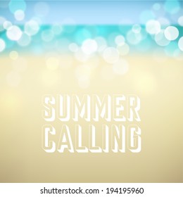 Summer calling. Poster on tropical beach background. Vector eps10.