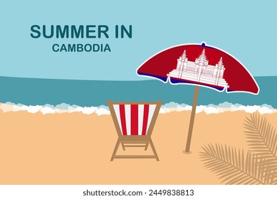 Summer in Cambodia, beach chair and umbrella, vacation or holiday in Cambodia, vacation concept vector design, summer holiday, sea sand sun, travel and tourism idea