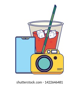Summer camera juice cup and smartphone cartoons vector illustration graphic design