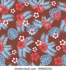 Summer camouflage denim hawaiian seamless pattern with hibiscus flowers vector illustration