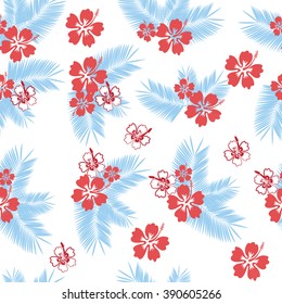 Summer camouflage denim hawaiian seamless pattern with hibiscus flowers vector illustration