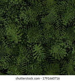 Summer camouflage hawaiian seamless pattern with tropical plants leaves. The green monstera and palm leafs lying on the ground. Vector background texture for fashion textile and prints