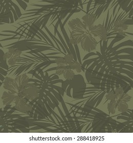 Summer camouflage hawaiian seamless pattern with tropical plants and hibiscus flowers, vector illustration