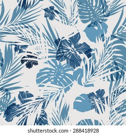 Summer camouflage hawaiian seamless pattern with tropical plants and hibiscus flowers, vector illustration