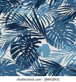 Summer camouflage hawaiian seamless pattern with tropical plants and hibiscus flowers, vector illustration