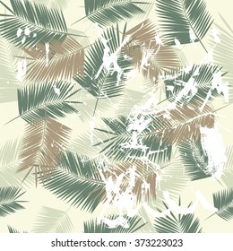Summer camouflage hawaiian seamless pattern with palm tree branches with splashes, vector illustration