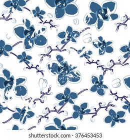 Summer camouflage hawaiian seamless pattern with orhid  flowers, vector illustration with cool splashes