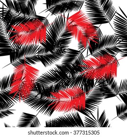 Summer camouflage hawaiian seamless pattern with black and red palm tree branches isolated on white background, vector illustration