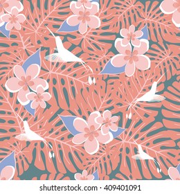 Summer camouflage hawaiian seamless pattern with tropical plants and hibiscus flowers, vector illustration