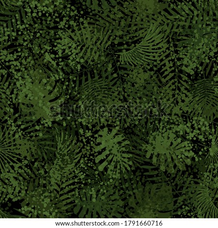 Summer camouflage hawaiian seamless pattern with tropical plants leaves. The green monstera and palm leafs lying on the ground. Vector background texture for fashion textile and prints