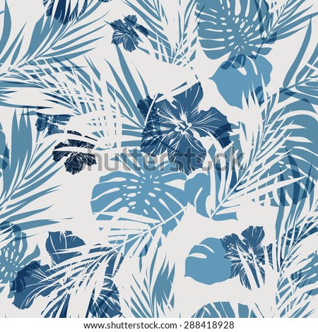 Summer camouflage hawaiian seamless pattern with tropical plants and hibiscus flowers, vector illustration