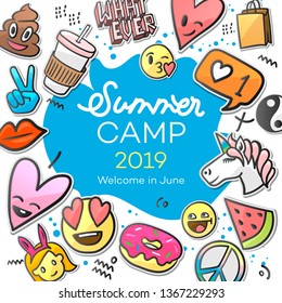 Summer Camp 2019 for kids creative and colorful poster with emoticon stickers, vector illustration.