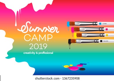 Summer Camp 2019 Template For Art Design School, Studio, Course, Class, Education. Modern Design Vector Illustration Concept For Website And Mobile Website Development.