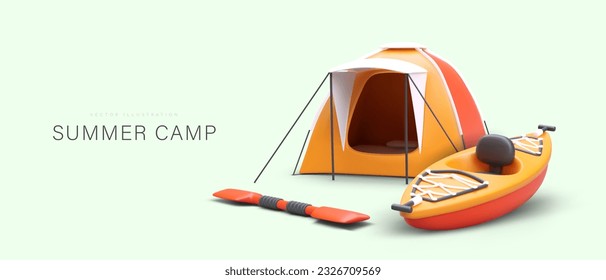 Summer camp. 3D bright tent, kayak, oar. Time to travel and rest. Vacation on river, lake. Color poster for tourism business. Concept for camping equipment store