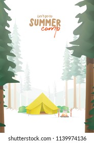 Summer Camp A4 Poster that the yellow camp is middle in the forest illustration vector. Camping concept.