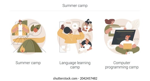 Summer camp abstract concept vector illustration set. Language learning camp, computer programming and cyber education, native English speaker, engineering and robotics software abstract metaphor.