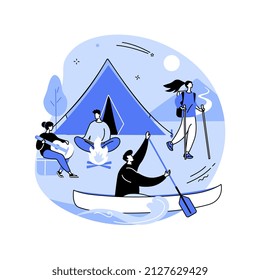 Summer camp abstract concept vector illustration. Sleepaway camp, vacation time, hiking and canoeing, science and nature, tent and campfire, high school summer program abstract metaphor.