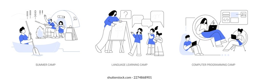 Summer camp abstract concept vector illustration set. Language learning camp, computer programming and cyber education, native English speaker, engineering and robotics software abstract metaphor.