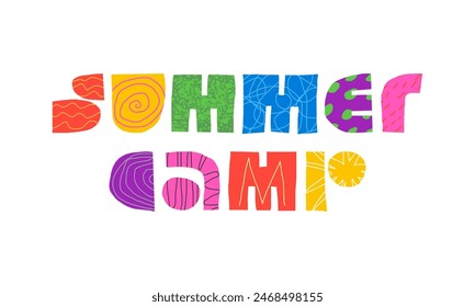 Concepto de inscripción decorativa creativa abstracta del campamento de verano. Niños coloridos ingenuos primitivos geométricos desiguales curvas Formas letras. Moderno verano de moda soleado tema de temporada creativo eps logo