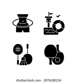 Summer camp activities black glyph icons set on white space. Hula Hoop workout. First aid. Badminton. Ping pong. Body warm-up. Lifeguarding training. Silhouette symbols. Vector isolated illustration