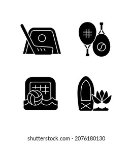 Summer camp activities black glyph icons set on white space. Street hockey. Racket sport. Beach soccer. Stand up paddle board yoga. Outdoor game. Silhouette symbols. Vector isolated illustration