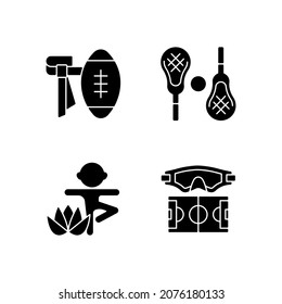 Summer camp activities black glyph icons set on white space. Flag football. Lacrosse. Kids yoga. Water polo. Non-contact sport. Body workout. Silhouette symbols. Vector isolated illustration