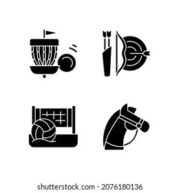 Summer camp activities black glyph icons set on white space. Frisbee golf. Archery. Beach soccer. Horseback riding. Team sport. Shooting arrows. Silhouette symbols. Vector isolated illustration