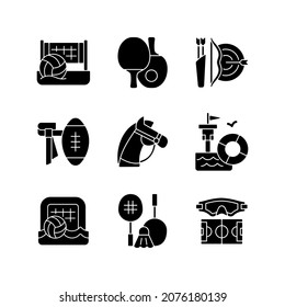 Summer camp activities black glyph icons set on white space. Beach volleyball. Ping pong. Archery. Horseback riding. Lifeguarding training. Silhouette symbols. Vector isolated illustration