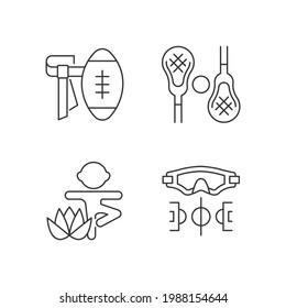 Summer camp activities linear icons set. Flag football. Lacrosse. Kids yoga. Water polo. Body workout. Customizable thin line contour symbols. Isolated vector outline illustrations. Editable stroke