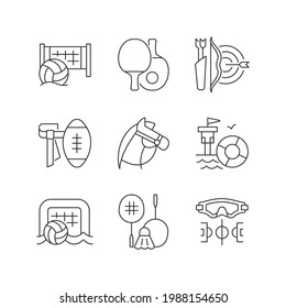 Summer camp activities linear icons set. Beach volleyball. Ping pong. Archery. Horseback riding. Customizable thin line contour symbols. Isolated vector outline illustrations. Editable stroke