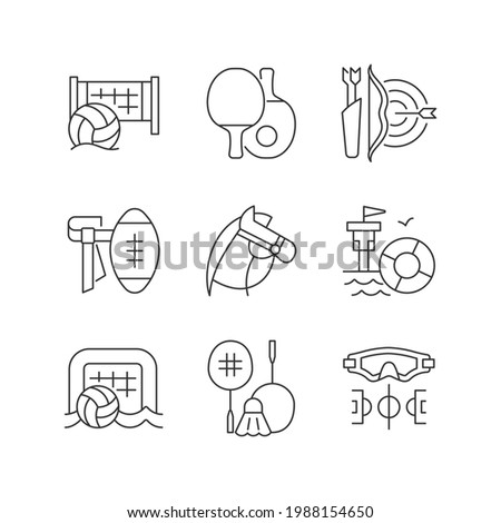 Summer camp activities linear icons set. Beach volleyball. Ping pong. Archery. Horseback riding. Customizable thin line contour symbols. Isolated vector outline illustrations. Editable stroke