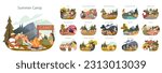 Summer camp activities set. Happy kids enjoying holidays together in the rural area. Playing, learning new things and exploring nature. Childhood adventure. Flat vector illustration