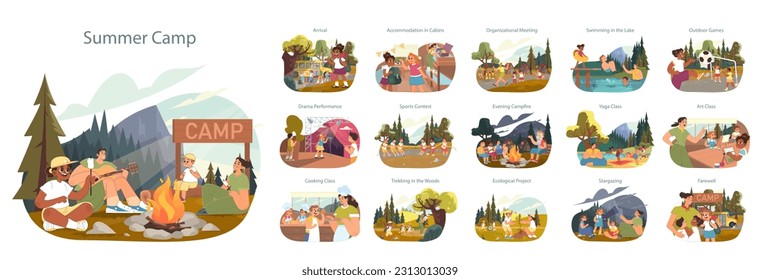 Summer camp activities set. Happy kids enjoying holidays together in the rural area. Playing, learning new things and exploring nature. Childhood adventure. Flat vector illustration