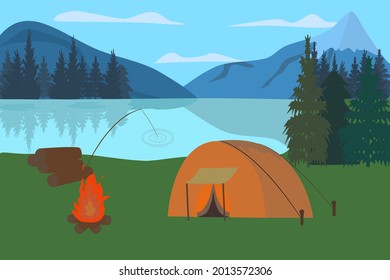 Summer camp activity beside lake vector, flat design. Illustration campfire recreation draw style card. Abstract background sky, tree, outdoor vacation. Natural travel holiday cartoon green art.