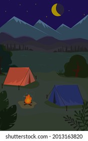 Summer camp activity vector, flat design night scene. Illustration campfire recreation cut style card. Abstract background sky, tree, outdoor vacation. Natural travel holiday cartoon green art.