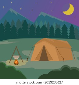 Summer camp activity vector, flat design night scene. Illustration campfire recreation cut style card. Abstract background sky, tree, outdoor vacation. Natural travel holiday cartoon green art.