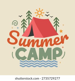 Summer Camp Adventure Typography Poster with Outdoor Icons and Bold Retro Lettering; Modern Seasonal Graphic for Kids Education, Youth Programs, and Camping Marketing Material.