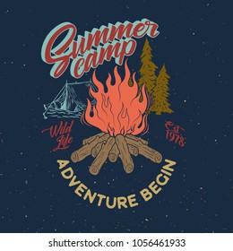 Summer camp adventure vintage graphic. Bonfire, tent, pine tree vector illustration. Wild life typography design.