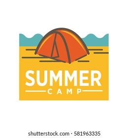 Summer Camp Advertising Logo Design. Awning Tent Realistic Vector Illustration. Tourist Camping Tent Icon. Hiking Pavilion Of Dome Design In Orange Color. Logotype For Campsite Company Sign