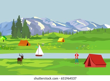 Summer camp in the alpen valley vector illustration