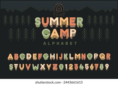 Efecto 3D de la fuente del alfabeto del campamento de verano con la combinación de colores de la naturaleza y las vacaciones. Conjunto de tipografía de aventura al aire libre para volantes, banners, sitios web, carteles