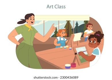 Summer camp art class. Happy kids enjoying holidays together in the rural area. Childen learning new things and exploring nature. Childhood adventure. Flat vector illustration