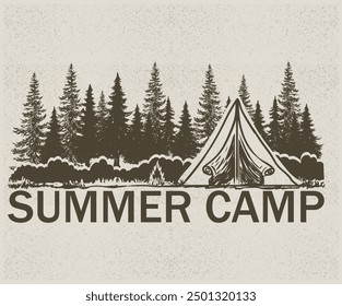 Summer camp artwork. Mountain adventure vintage print design for t shirt and others. National park graphic artwork for sticker, poster, background.	