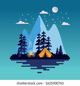 Summer camp background with beautiful landscape at night Free Vector