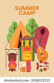 Summer camp background with composition of hiking accessories. Сamping and travelling, active outdoor recreation. Poster, banner, flyer. Flat vector illustration