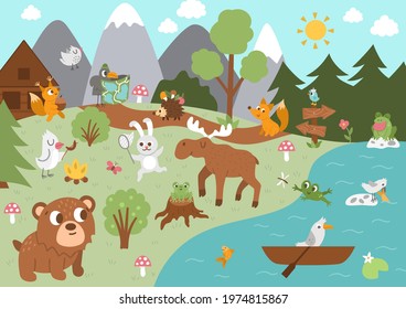 Summer camp background with cute forest animals. Vector woodland scene with rabbit, birds, moose, trees, mountains, river. Active holidays or local tourism plan design for postcards, ads, print
