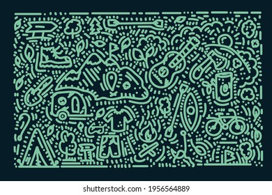 Summer camp background Doodle. The poster is a linear hand-drawn camping and travel poster. Icons background Recreation with various equipment, tent, axe, bike. Vector illustration