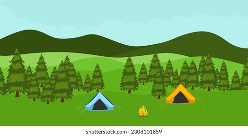 Fondo del campamento de verano. Afiche del campamento forestal. Paisaje natural con árboles, carpa sobre hierba verde, hoguera y montañas.  Concepto de viajes, caminatas y vacaciones de actividad. Ilustración vectorial plana de camping