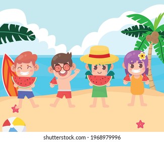 Summer camp background with kids at beach
