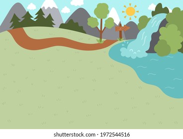 Summer camp background. Nature empty landscape with mountains, tree, path, forest, waterfall and wooden direction sign. Vector woodland scene. Active holidays or local tourism plan 
